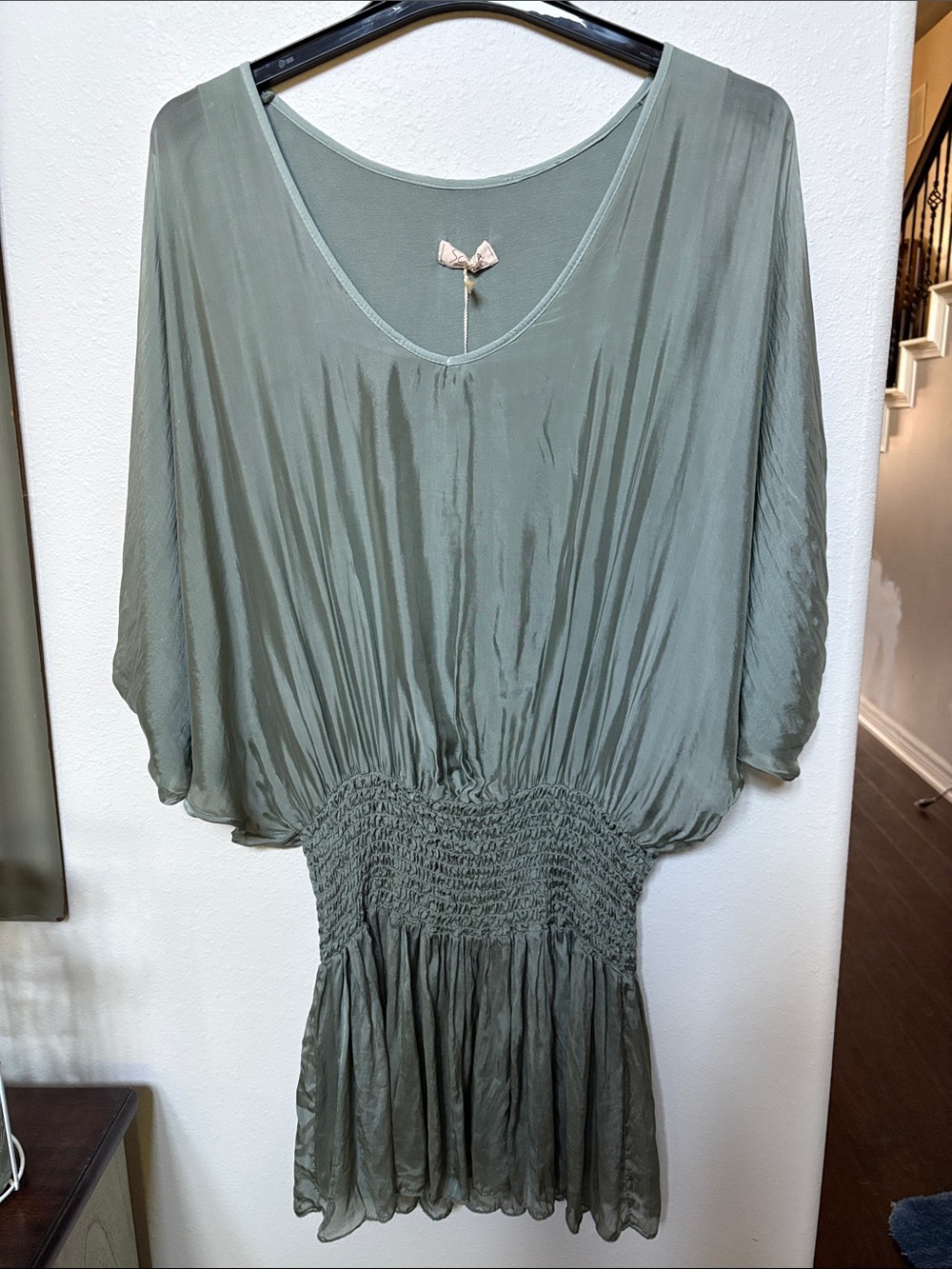 Womens Olive Green Smocked Waist Blouson Top dress